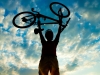 Biker holds bike