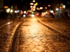 Tram rails at night