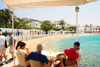 DSC_5075 - wine and beer on warm sunny day on island of Mykonos, Greek Isles, Greece