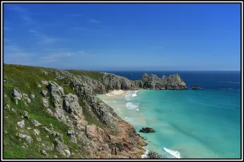 Stunning day above Porthcurno, looking towards Pedn Vounder and Logan Rock
