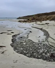 Quand le ruisseau rejoint la mer, plage du château, Trémazan, commune de Landunvez, Finistère, Breta