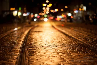 Tram rails at night