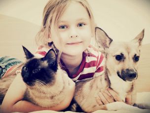Child hugging a cat and a dog