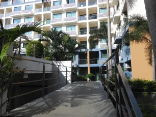 DSCN0797.JPG: A sunlit pathway lined with palm trees leads to the entrance of a modern multi-story hotel with balconies.