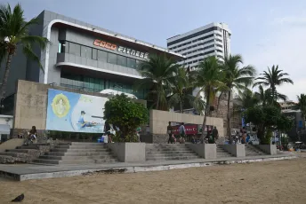 DSC_6174: A beachfront promenade lined with palm trees and steps leading up to a modern building housing a fitness club, with people strolling and relaxing along the seaside.