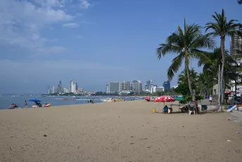DSC_6325: Sunny day on a wide sandy beach with palm trees and umbrellas, the city skyline visible across the bay.