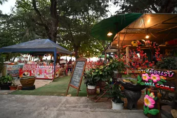 DSC_6674: Twilight market by the beach — colorful stalls, tropical plants, and warm lights invite evening visitors to explore and relax.