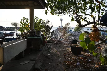 DSC_8243: A shaded seaside shelter overlooking a rocky jetty at sunset, with boats moored in the harbor and leaves drifting on the path.