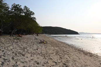 DSC_8690: a sandy beach with trees and people in the water