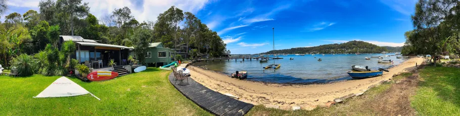 Idyllic Beach, Homes & Private Wharves, Scotland Island, Church Point, Sydney, NSW