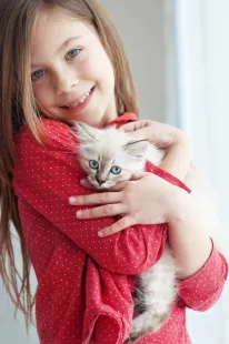 Adorable child with small kitten